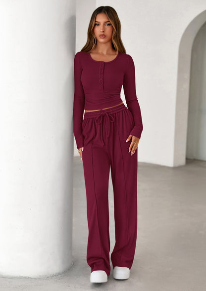 Osonn Women's Fall Trendy 2 Piece Outfits Lounge Sets Long Sleeve Top Henley Shirts Wide Leg Pants Travel Clothes
