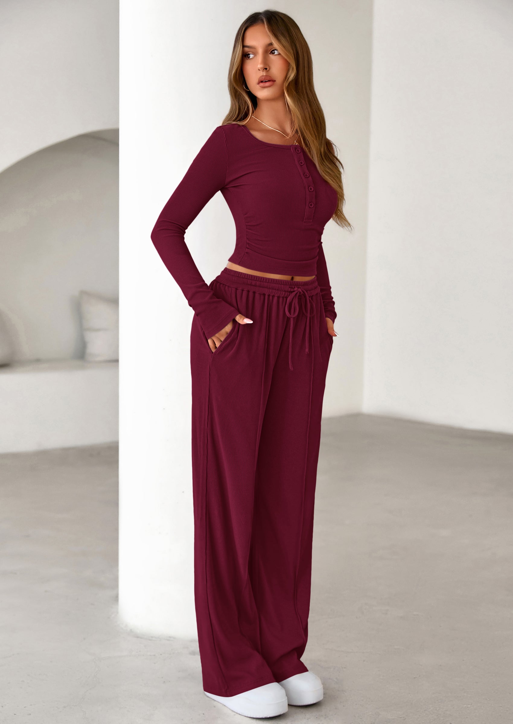 Osonn Women's Fall Trendy 2 Piece Outfits Lounge Sets Long Sleeve Top Henley Shirts Wide Leg Pants Travel Clothes