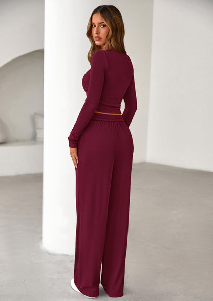Osonn Women's Fall Trendy 2 Piece Outfits Lounge Sets Long Sleeve Top Henley Shirts Wide Leg Pants Travel Clothes