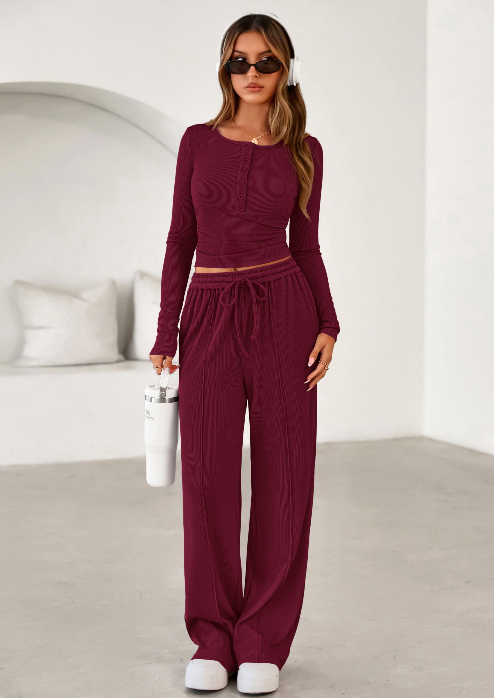 Osonn Women's Fall Trendy 2 Piece Outfits Lounge Sets Long Sleeve Top Henley Shirts Wide Leg Pants Travel Clothes