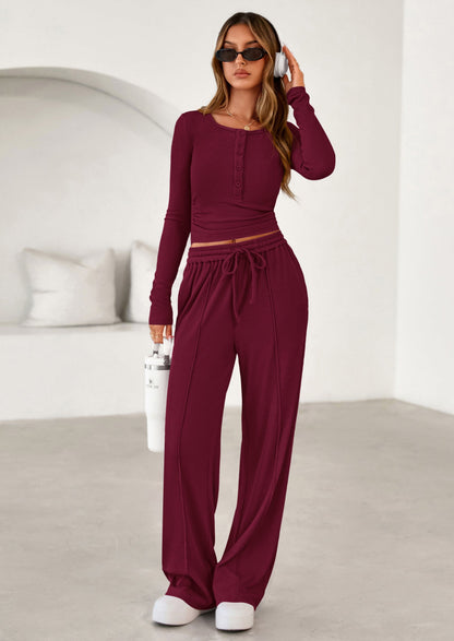 Osonn Women's Fall Trendy 2 Piece Outfits Lounge Sets Long Sleeve Top Henley Shirts Wide Leg Pants Travel Clothes
