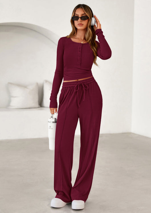 Osonn Women's Fall Trendy 2 Piece Outfits Lounge Sets Long Sleeve Top Henley Shirts Wide Leg Pants Travel Clothes