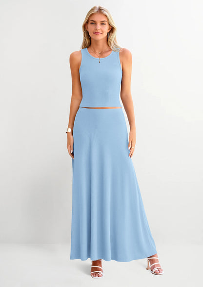 Osonn 2 Piece Maxi Skirt Sets Casual Knit Cropped Tank Top High Waisted Long Skirts Outfit