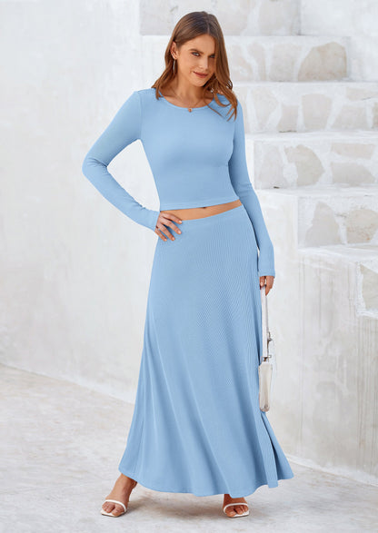 Osonn 2 Piece Casual Ribbed Knit Long Sleeve Crop Tops Maxi Flowy Skirts Matching Sets