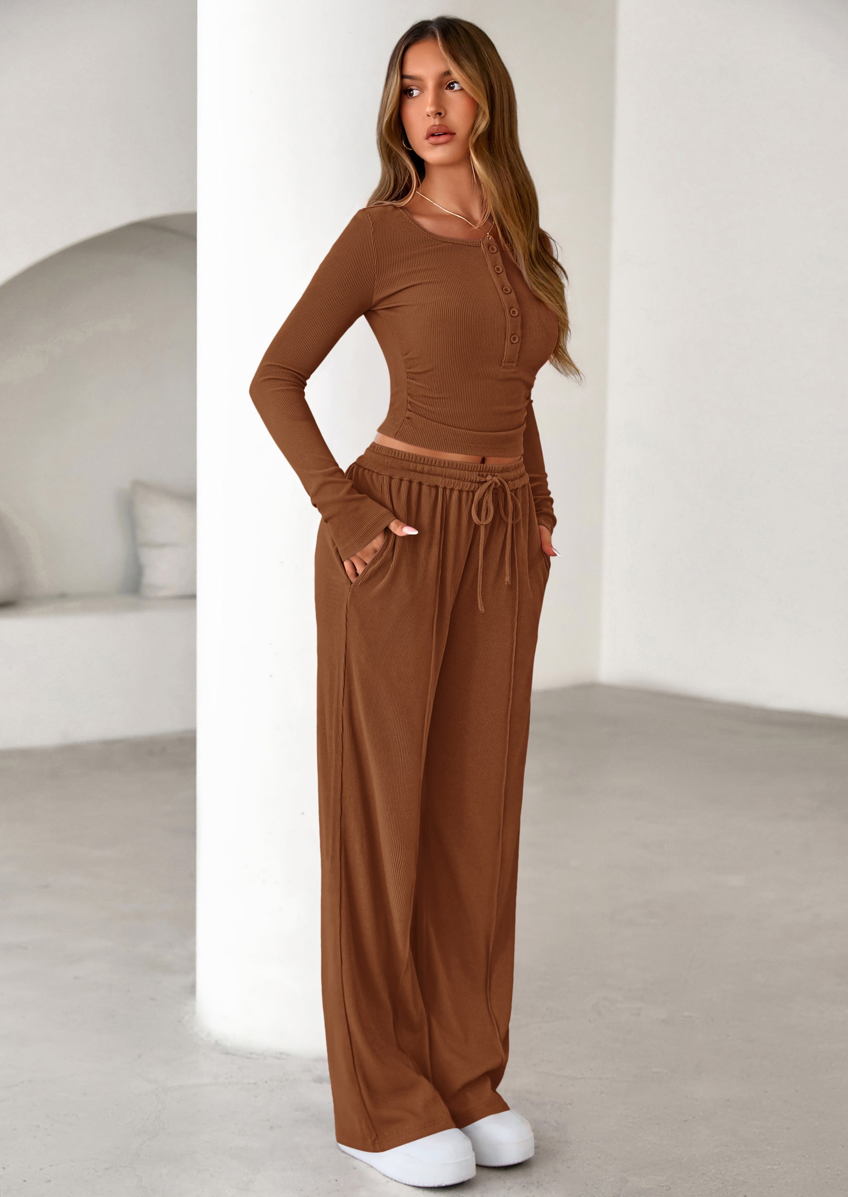 Osonn Women's Fall Trendy 2 Piece Outfits Lounge Sets Long Sleeve Top Henley Shirts Wide Leg Pants Travel Clothes