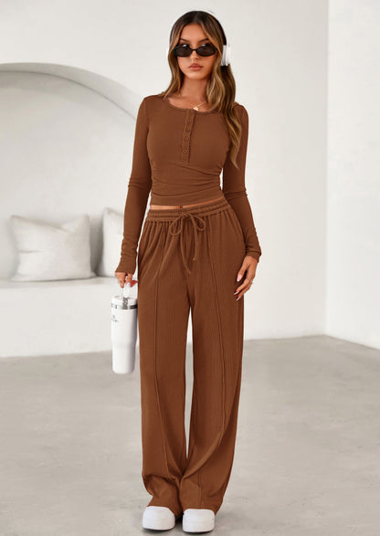 Osonn Women's Fall Trendy 2 Piece Outfits Lounge Sets Long Sleeve Top Henley Shirts Wide Leg Pants Travel Clothes