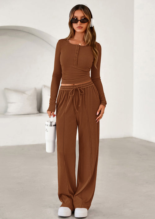 Osonn Women's Fall Trendy 2 Piece Outfits Lounge Sets Long Sleeve Top Henley Shirts Wide Leg Pants Travel Clothes