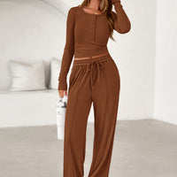 Osonn Women's Fall Trendy 2 Piece Outfits Lounge Sets Long Sleeve Top Henley Shirts Wide Leg Pants Travel Clothes