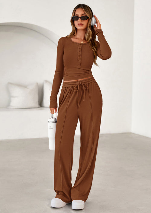 Osonn Women's Fall Trendy 2 Piece Outfits Lounge Sets Long Sleeve Top Henley Shirts Wide Leg Pants Travel Clothes