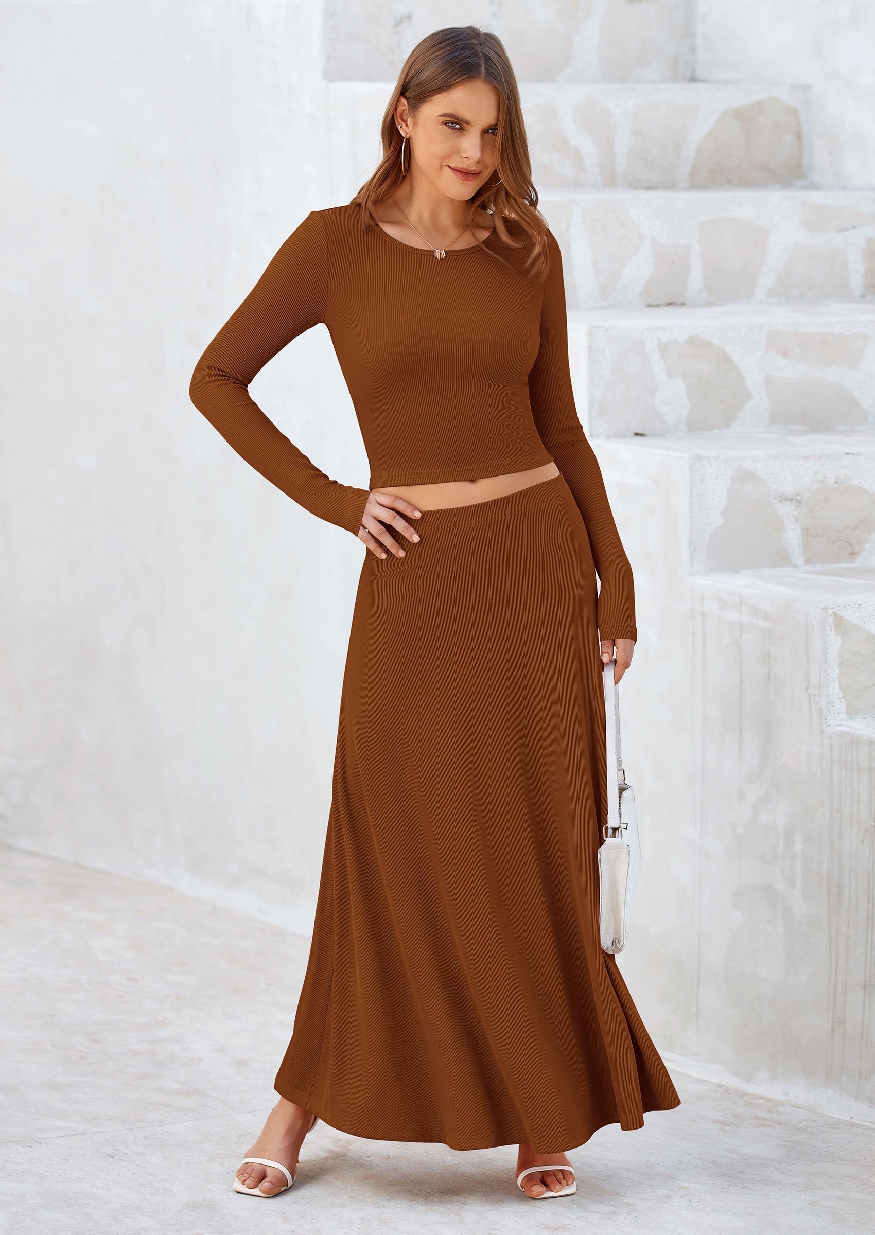 Osonn 2 Piece Casual Ribbed Knit Long Sleeve Crop Tops Maxi Flowy Skirts Matching Sets