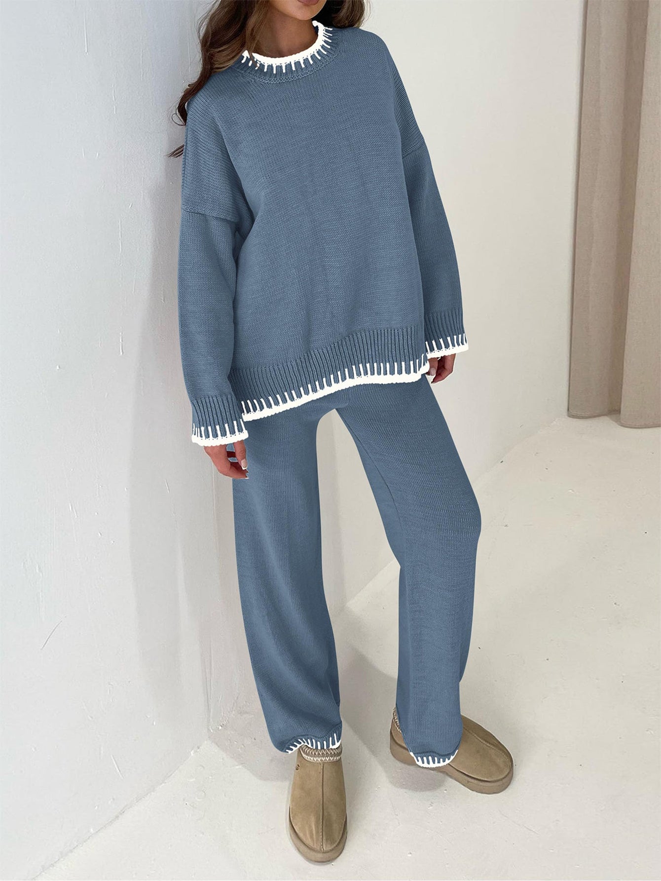 Osonn Women's 2 Piece Knit Sweater Outfit Casual Long Sleeve Pullover Wide Leg Pants Tracksuit Loungewear Set