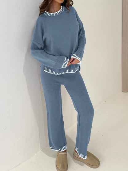 Osonn Women's 2 Piece Knit Sweater Outfit Casual Long Sleeve Pullover Wide Leg Pants Tracksuit Loungewear Set