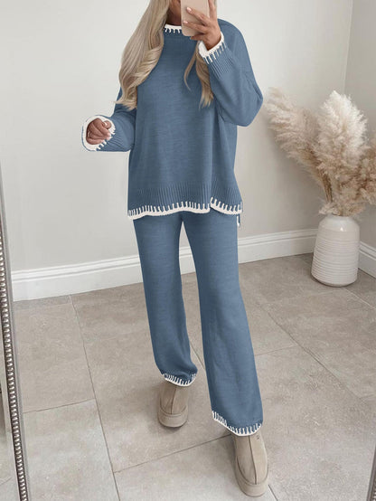 Osonn Women's 2 Piece Knit Sweater Outfit Casual Long Sleeve Pullover Wide Leg Pants Tracksuit Loungewear Set