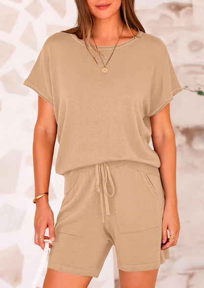 Osonn Two Piece Set for Women Summer Lounge Sets Shorts And Short Sleeve Tops Knitted Matching Travel Spring Outfits