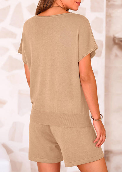 Osonn Two Piece Set for Women Summer Lounge Sets Shorts And Short Sleeve Tops Knitted Matching Travel Spring Outfits