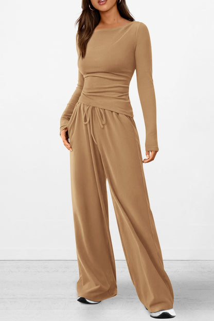 Osonn Women's 2 Piece Lounge Sets Asymmetrical Long Sleeve T Shirt Wide Leg Pants Casual Outfits Tracksuit