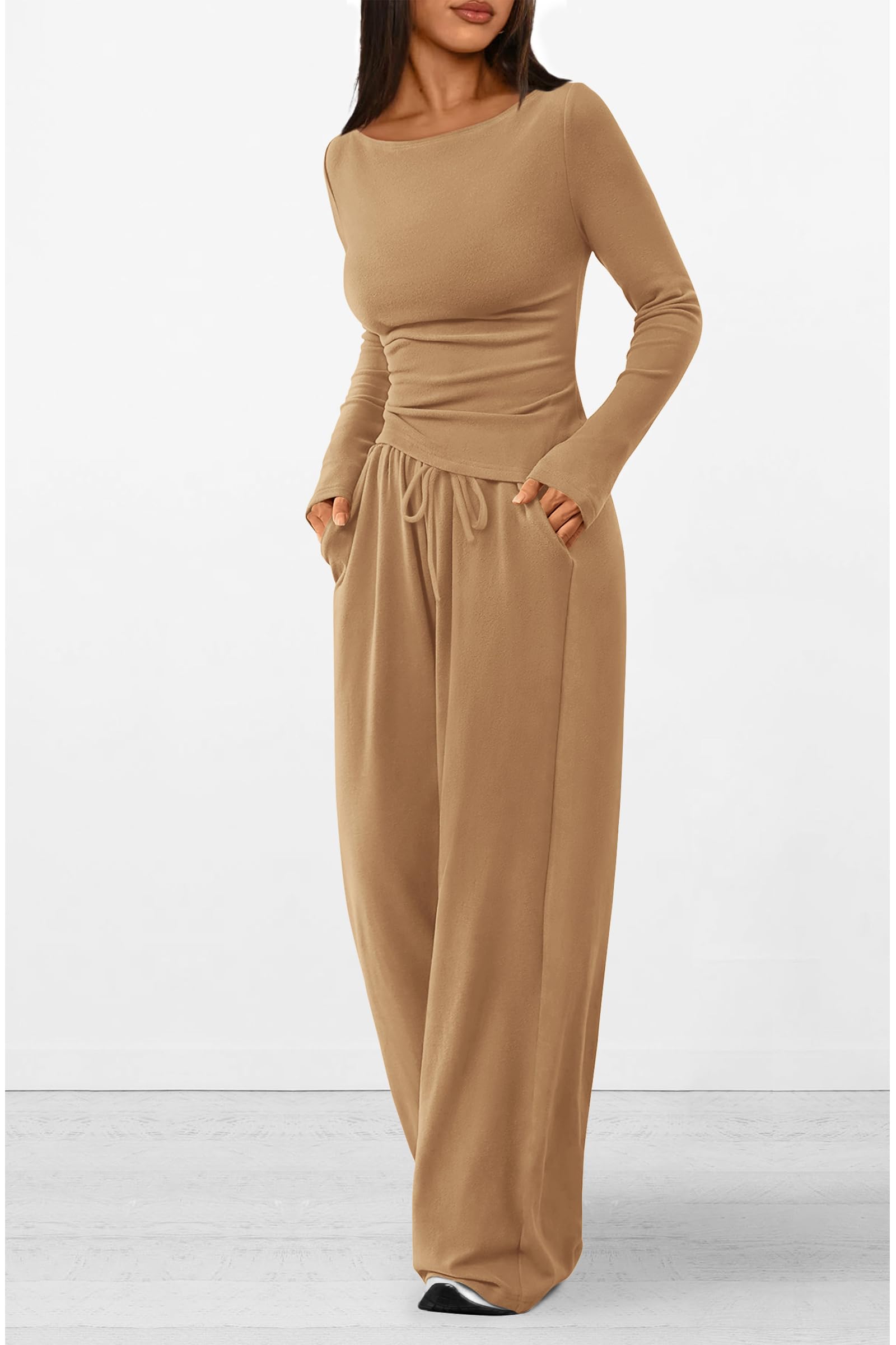Osonn Women's 2 Piece Lounge Sets Asymmetrical Long Sleeve T Shirt Wide Leg Pants Casual Outfits Tracksuit