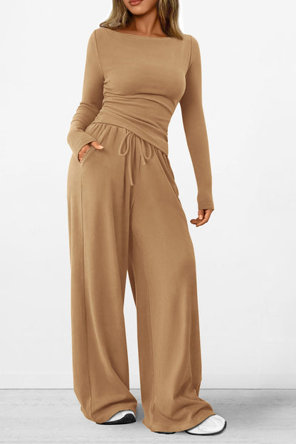 Osonn Women's 2 Piece Lounge Sets Asymmetrical Long Sleeve T Shirt Wide Leg Pants Casual Outfits Tracksuit