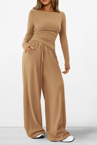 Osonn Women's 2 Piece Lounge Sets Asymmetrical Long Sleeve T Shirt Wide Leg Pants Casual Outfits Tracksuit
