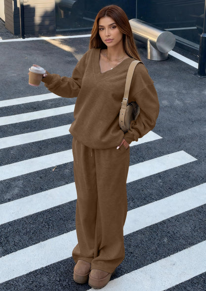 Osonn Casual Winter Two Piece Sets for Women V Neck Sweatshirt Loose Wide Leg Pants Tracksuit Knit Fall Outfits