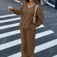 Osonn Casual Winter Two Piece Sets for Women V Neck Sweatshirt Loose Wide Leg Pants Tracksuit Knit Fall Outfits