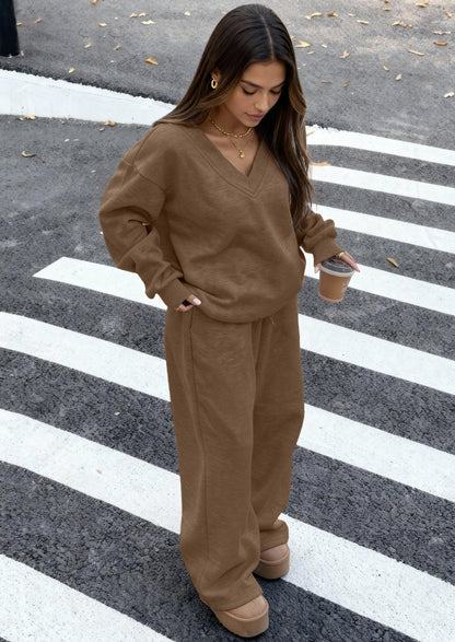 Osonn Casual Winter Two Piece Sets for Women V Neck Sweatshirt Loose Wide Leg Pants Tracksuit Knit Fall Outfits