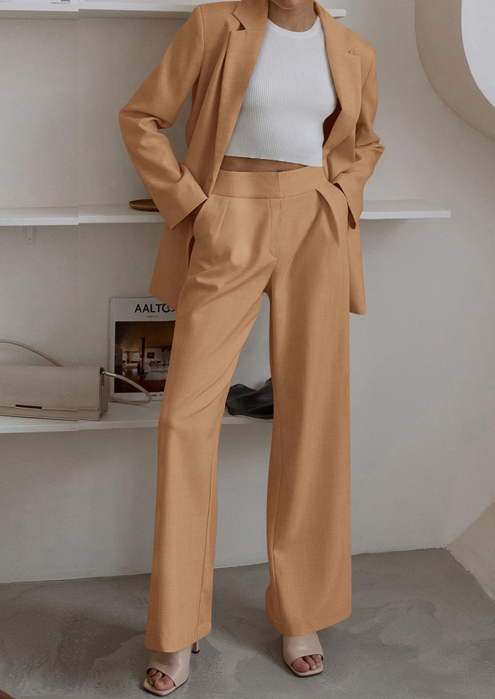Osonn Women's Fall Two Piece Outfits Dressy Blazer Jacket and Wide Leg Pants Pockets Business Casual Office Suit Sets