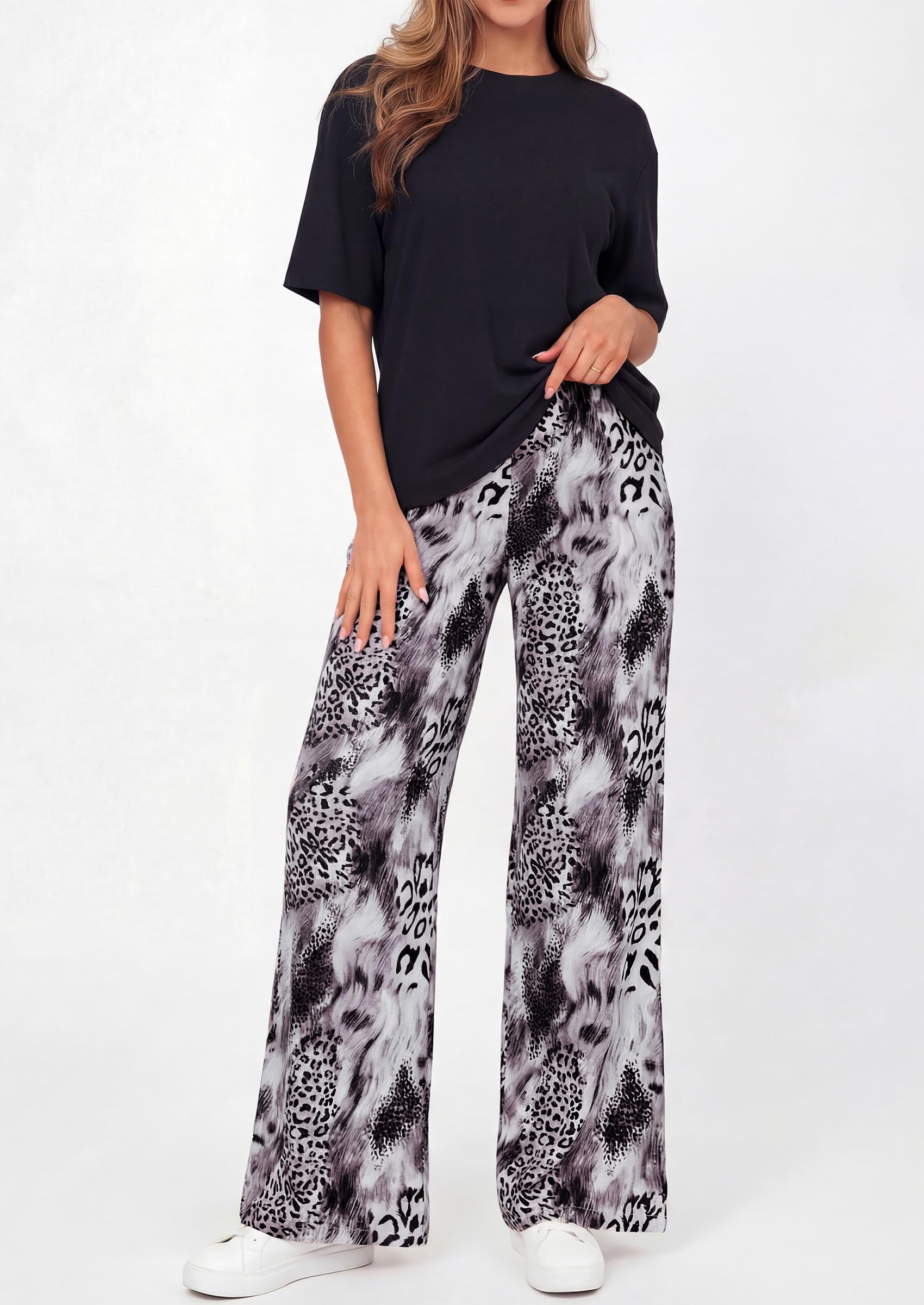 Osonn Women's 2 Piece Lounge Sets Summer Casual Short Sleeve Tops Leopard Flowy Pants Pajamas Vacation Travel Outfits