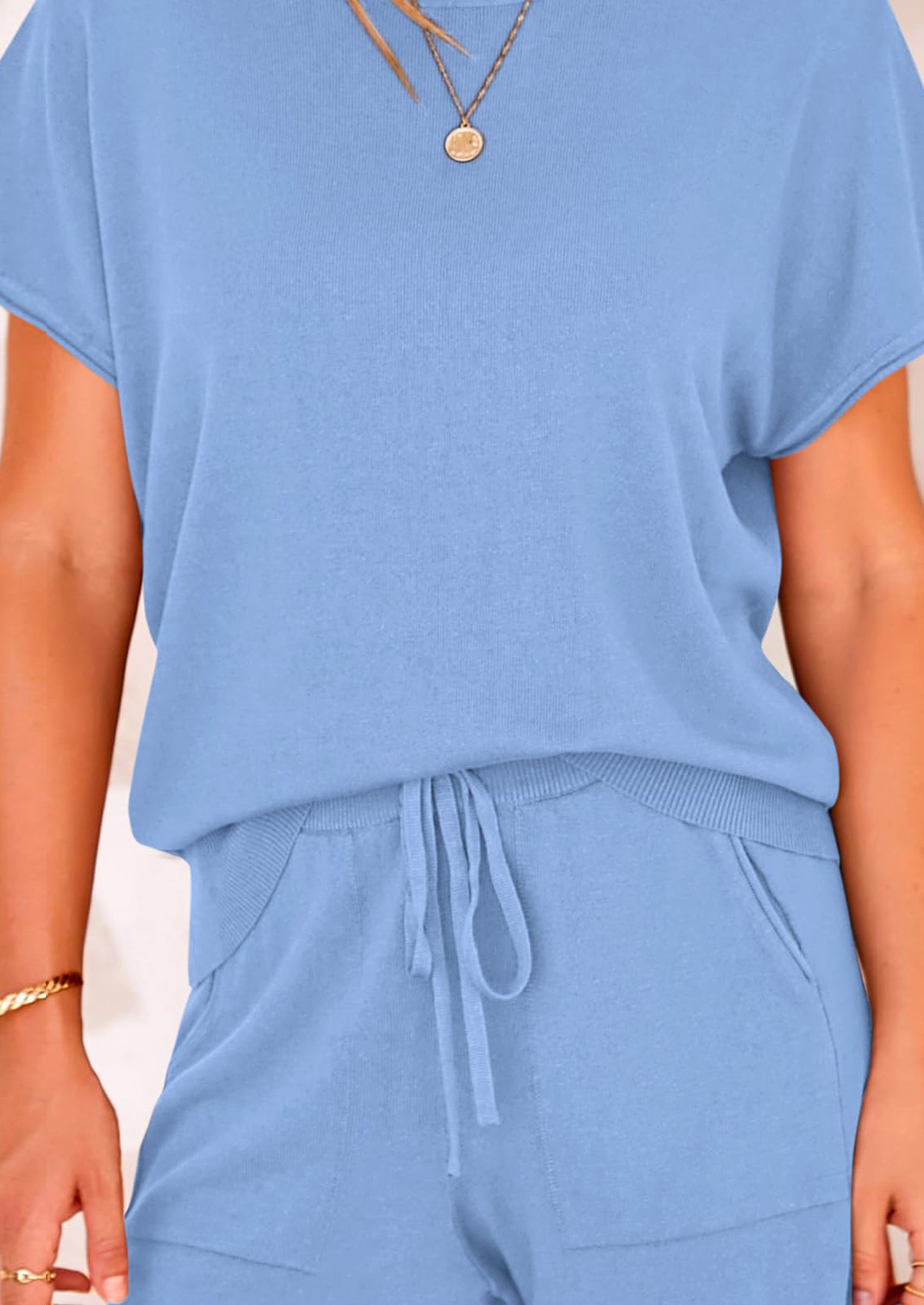 Osonn Two Piece Set for Women Summer Lounge Sets Shorts And Short Sleeve Tops Knitted Matching Travel Spring Outfits