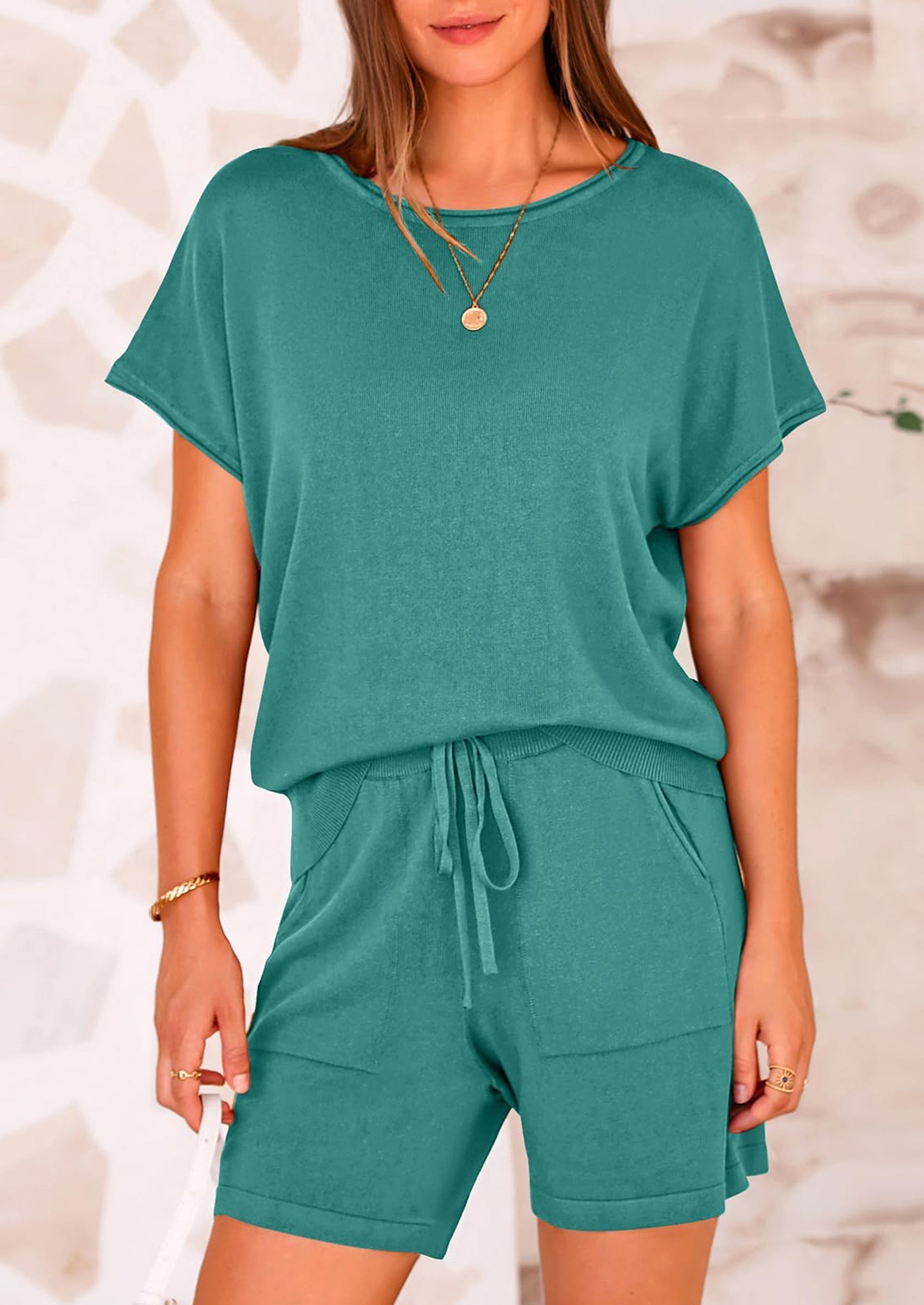 Osonn Two Piece Set for Women Summer Lounge Sets Shorts And Short Sleeve Tops Knitted Matching Travel Spring Outfits