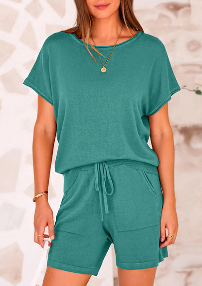 Osonn Two Piece Set for Women Summer Lounge Sets Shorts And Short Sleeve Tops Knitted Matching Travel Spring Outfits
