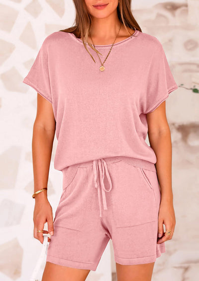 Osonn Two Piece Set for Women Summer Lounge Sets Shorts And Short Sleeve Tops Knitted Matching Travel Spring Outfits