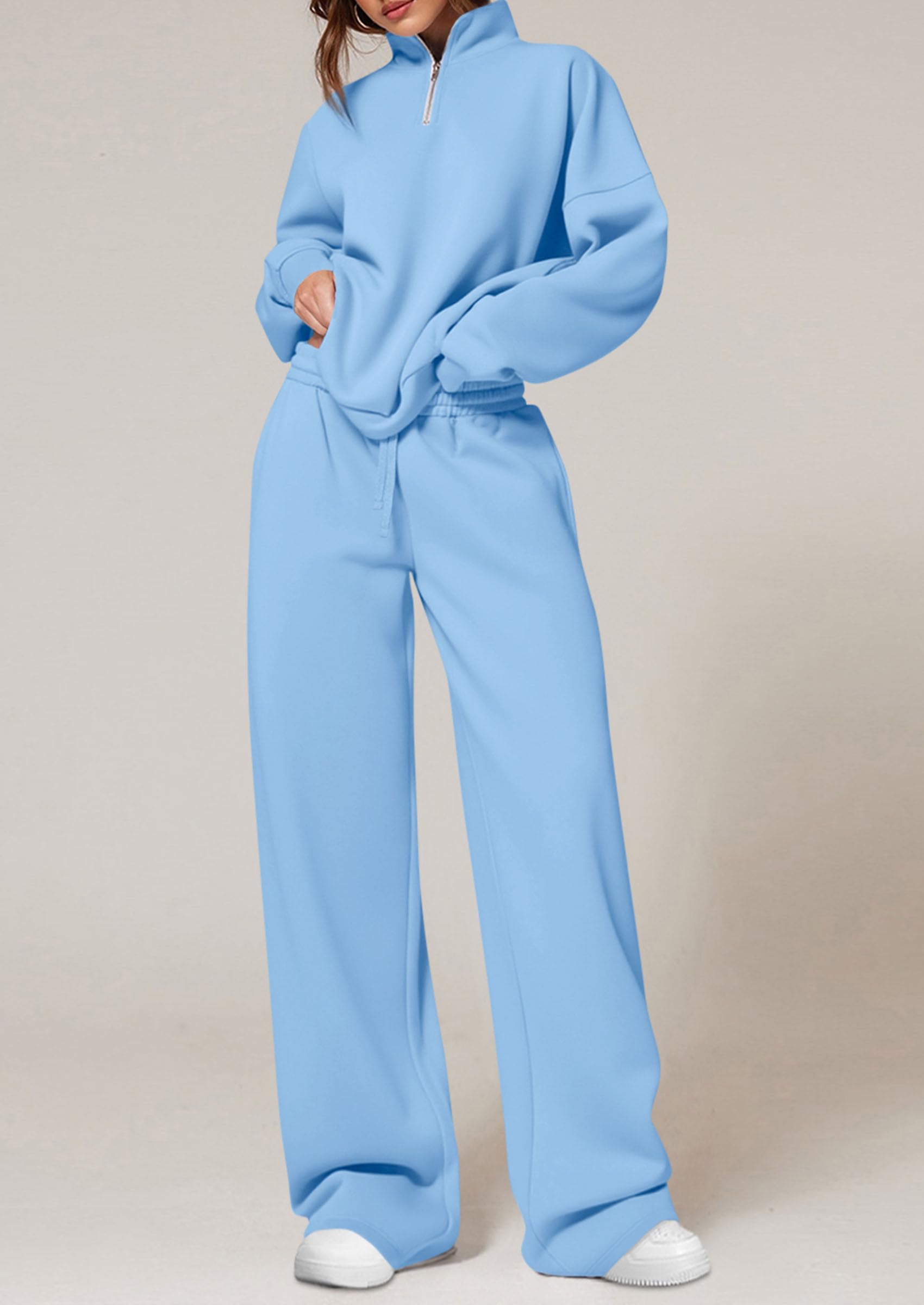 Osonn Womens Casual Two Piece Sets Fall Outfits Quarter Zip Sweatshirts Straight Leg Pants Sweatsuits Tracksuit
