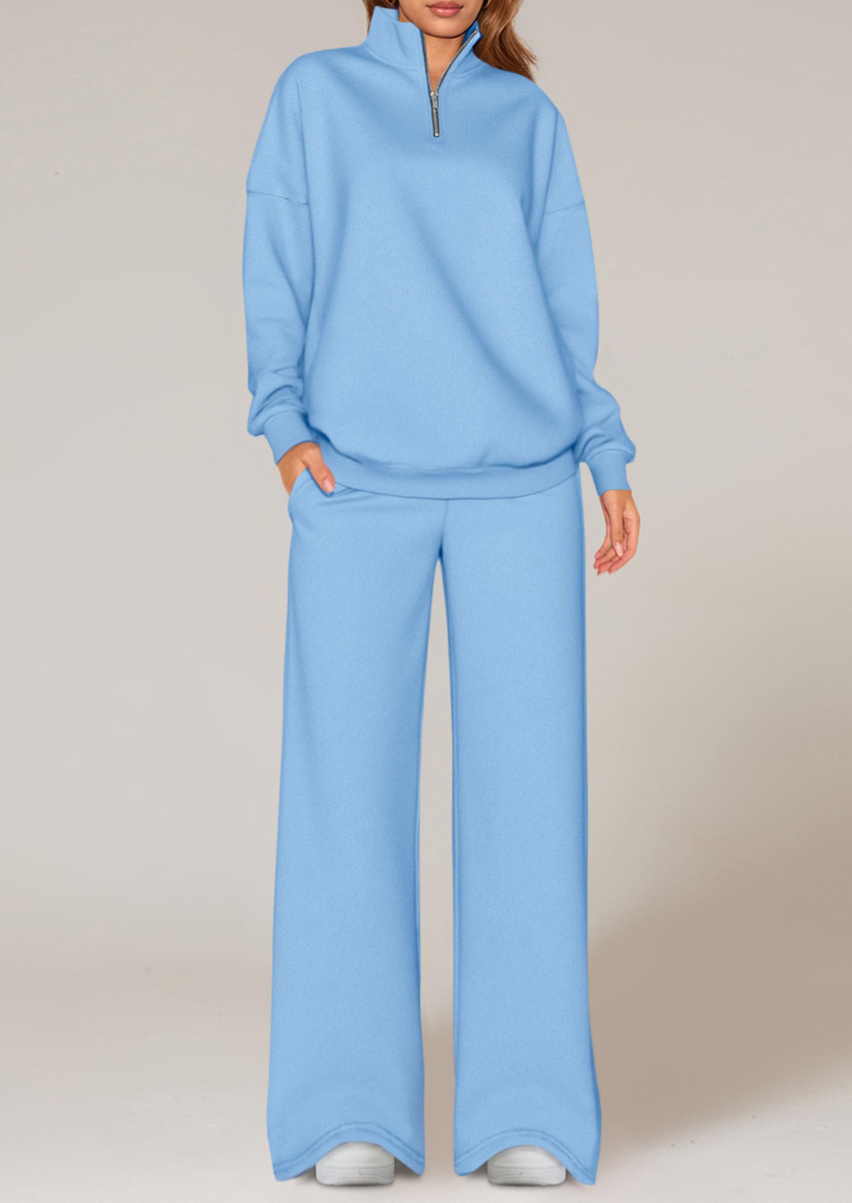Osonn Womens Casual Two Piece Sets Fall Outfits Quarter Zip Sweatshirts Straight Leg Pants Sweatsuits Tracksuit