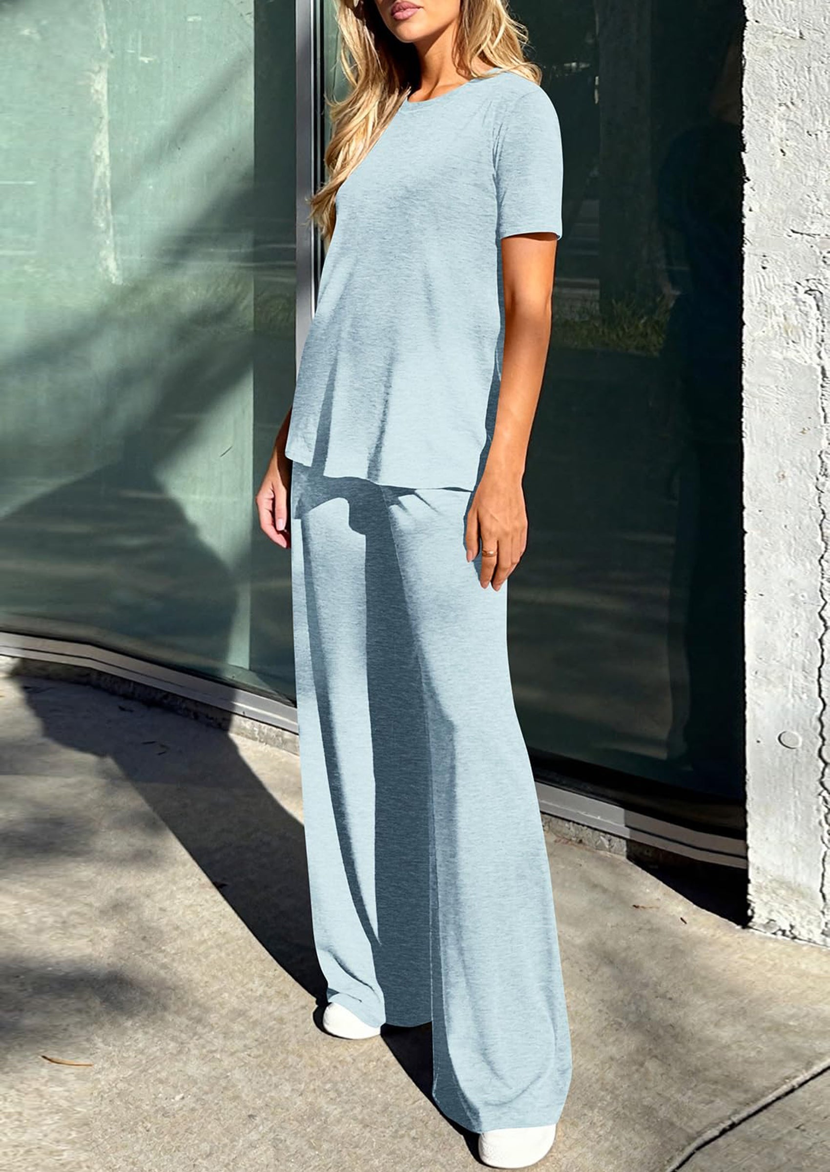 Osonn Summer Lounge Sets for Women 2 Piece Short Sleeve Crewneck Cute Tops and Wide Leg Pants with Pockets Pj Set