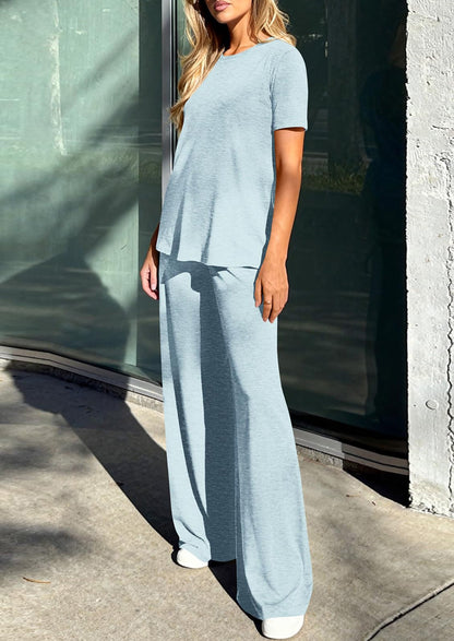 Osonn Summer Lounge Sets for Women 2 Piece Short Sleeve Crewneck Cute Tops and Wide Leg Pants with Pockets Pj Set