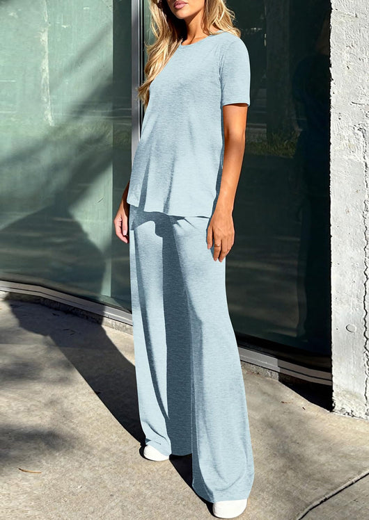 Osonn Summer Lounge Sets for Women 2 Piece Short Sleeve Crewneck Cute Tops and Wide Leg Pants with Pockets Pj Set