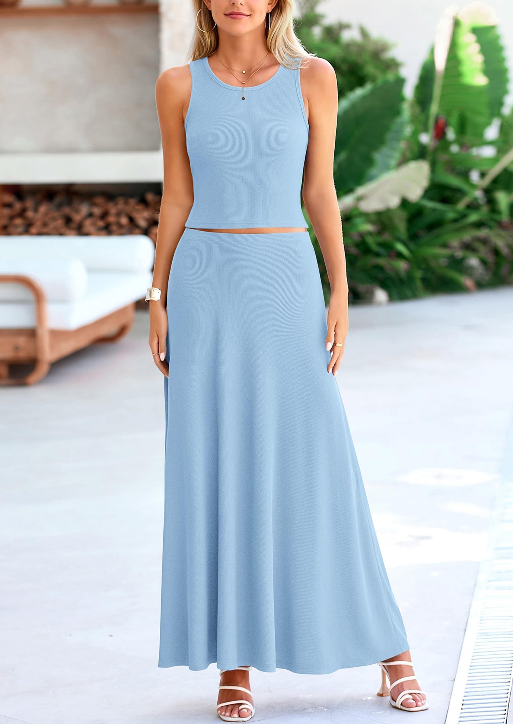 Osonn 2 Piece Maxi Skirt Sets Casual Knit Cropped Tank Top High Waisted Long Skirts Outfit