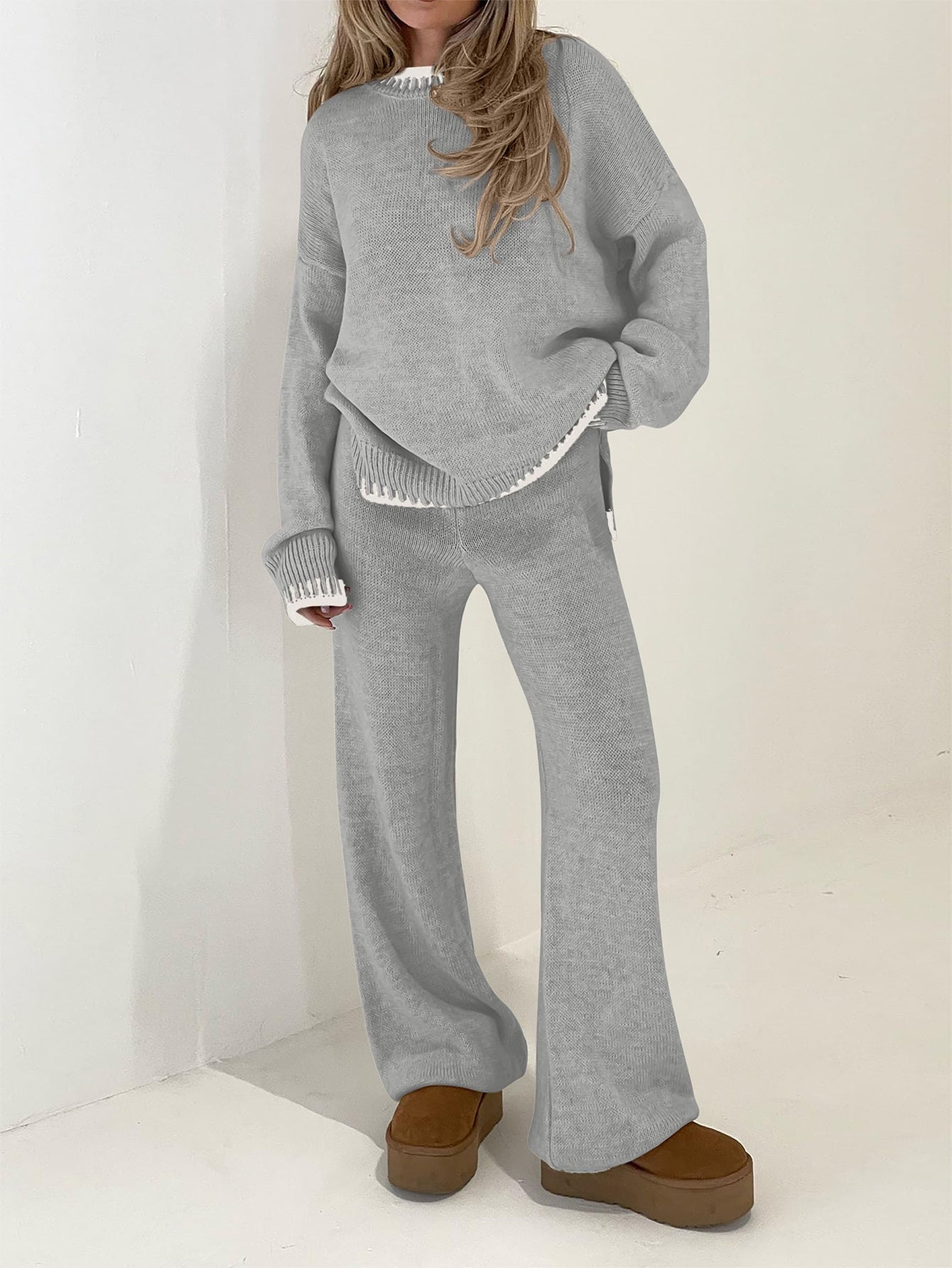 Osonn Women's 2 Piece Knit Sweater Outfit Casual Long Sleeve Pullover Wide Leg Pants Tracksuit Loungewear Set