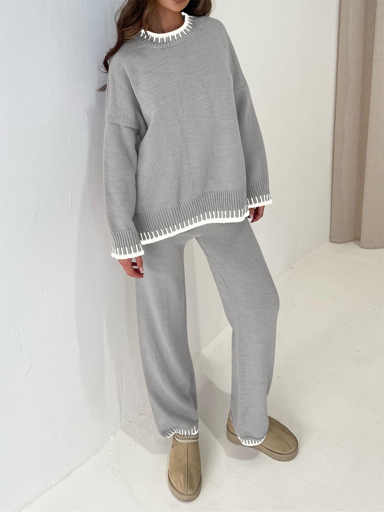 Osonn Women's 2 Piece Knit Sweater Outfit Casual Long Sleeve Pullover Wide Leg Pants Tracksuit Loungewear Set