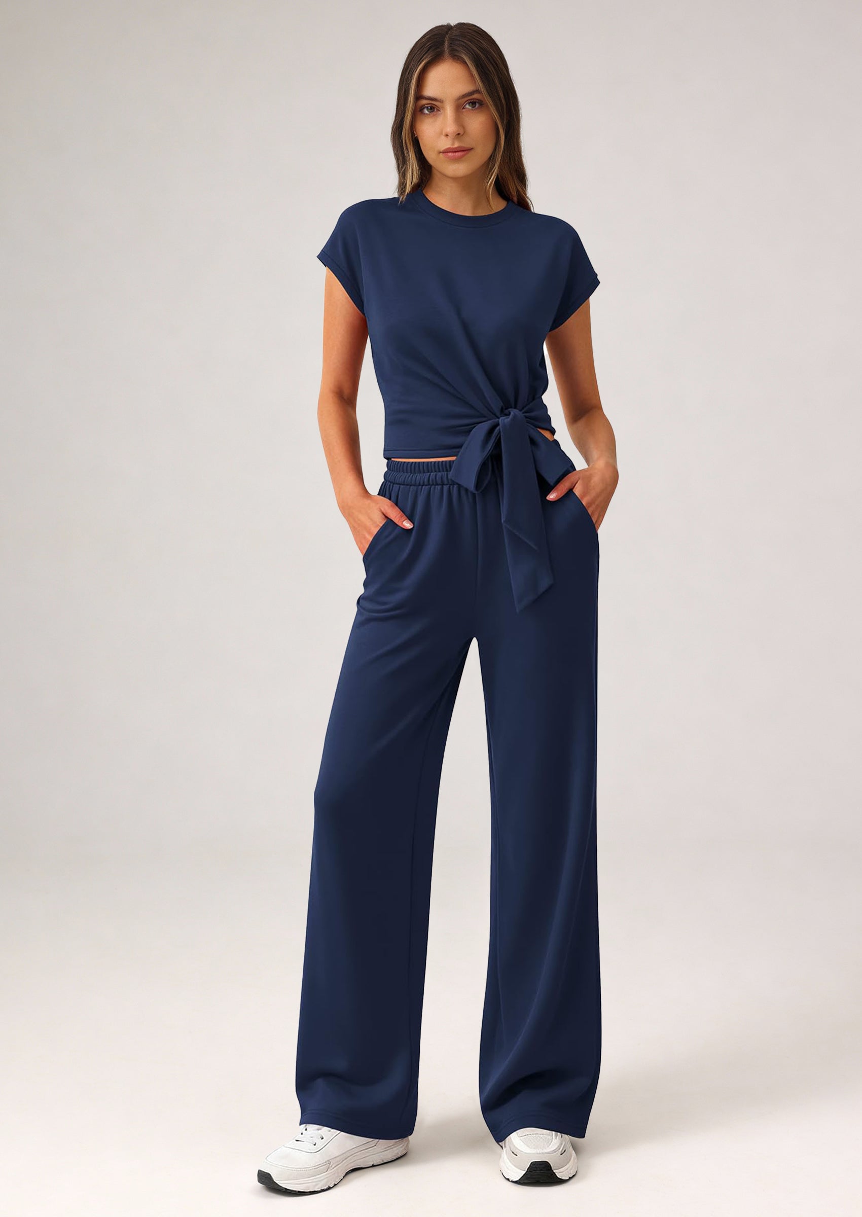 Osonn 2 Piece Matching Lounge Sets For Women Summer Short Sleeve Tie Front Crop Tops Casual Wide Leg Pants Tracksuit