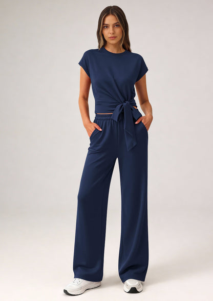 Osonn 2 Piece Matching Lounge Sets For Women Summer Short Sleeve Tie Front Crop Tops Casual Wide Leg Pants Tracksuit