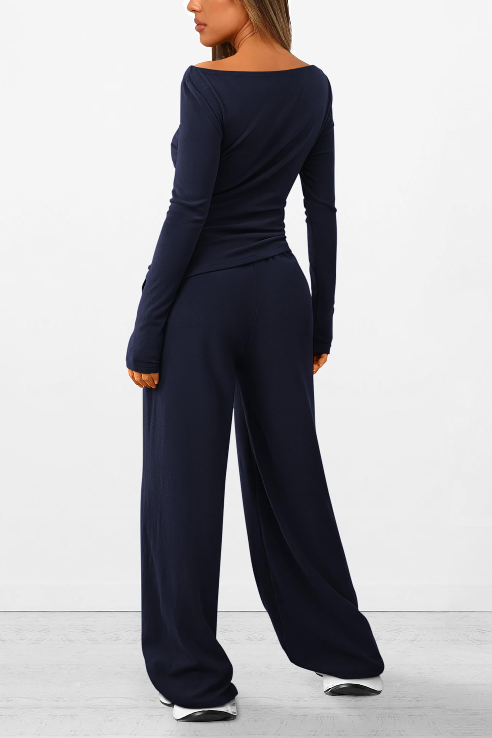 Osonn Women's 2 Piece Lounge Sets Asymmetrical Long Sleeve T Shirt Wide Leg Pants Casual Outfits Tracksuit