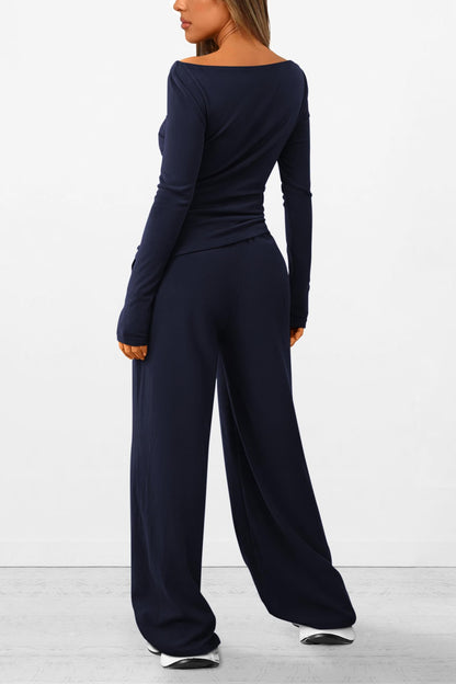 Osonn Women's 2 Piece Lounge Sets Asymmetrical Long Sleeve T Shirt Wide Leg Pants Casual Outfits Tracksuit