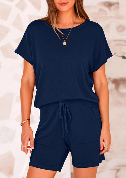 Osonn Two Piece Set for Women Summer Lounge Sets Shorts And Short Sleeve Tops Knitted Matching Travel Spring Outfits