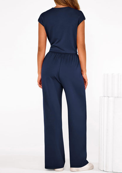 Osonn 2 Piece Matching Lounge Sets For Women Summer Short Sleeve Tie Front Crop Tops Casual Wide Leg Pants Tracksuit
