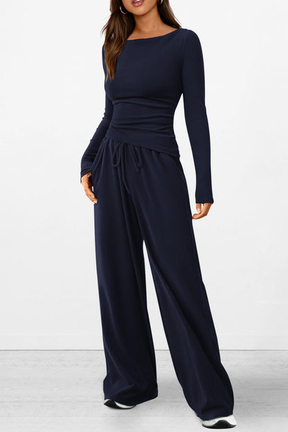 Osonn Women's 2 Piece Lounge Sets Asymmetrical Long Sleeve T Shirt Wide Leg Pants Casual Outfits Tracksuit