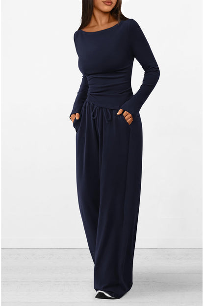 Osonn Women's 2 Piece Lounge Sets Asymmetrical Long Sleeve T Shirt Wide Leg Pants Casual Outfits Tracksuit