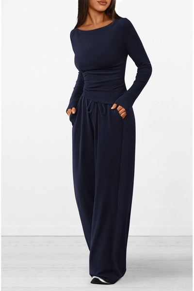 Osonn Women's 2 Piece Lounge Sets Asymmetrical Long Sleeve T Shirt Wide Leg Pants Casual Outfits Tracksuit