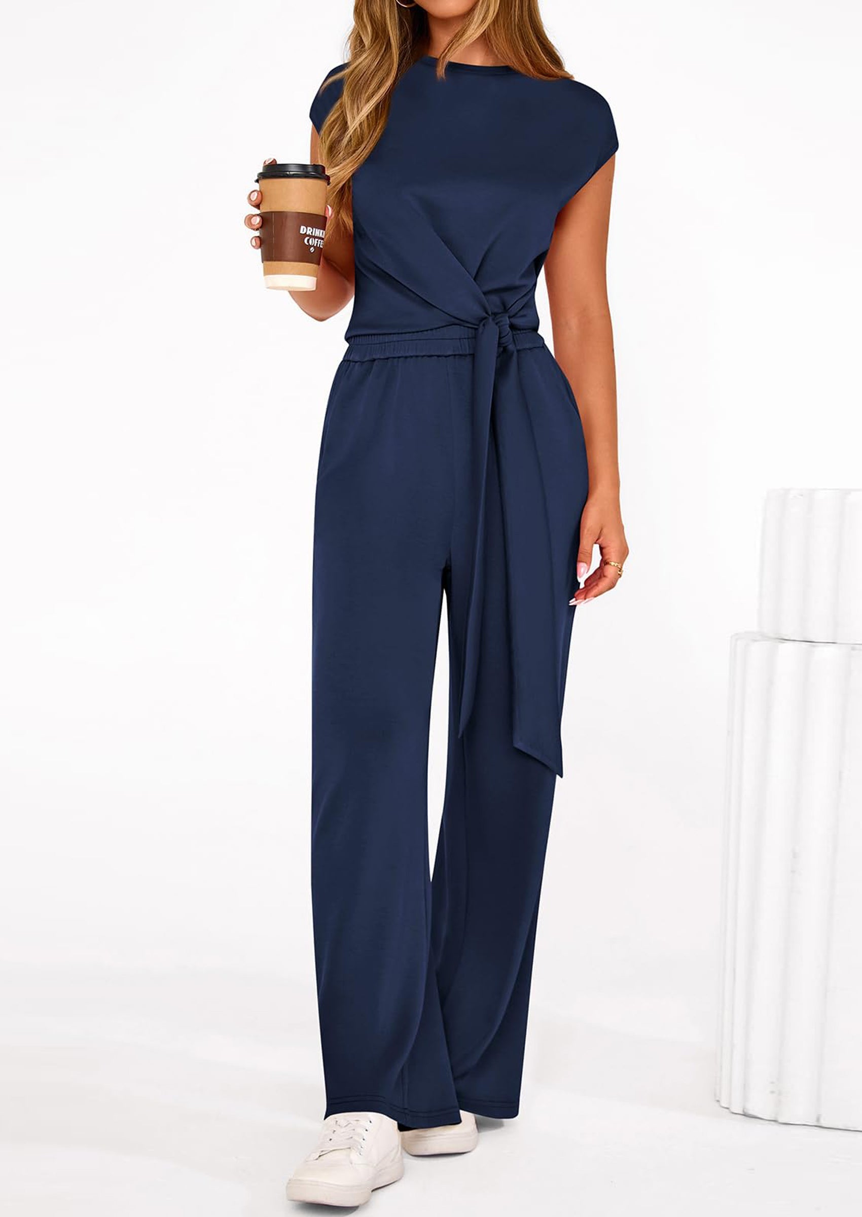 Osonn 2 Piece Matching Lounge Sets For Women Summer Short Sleeve Tie Front Crop Tops Casual Wide Leg Pants Tracksuit